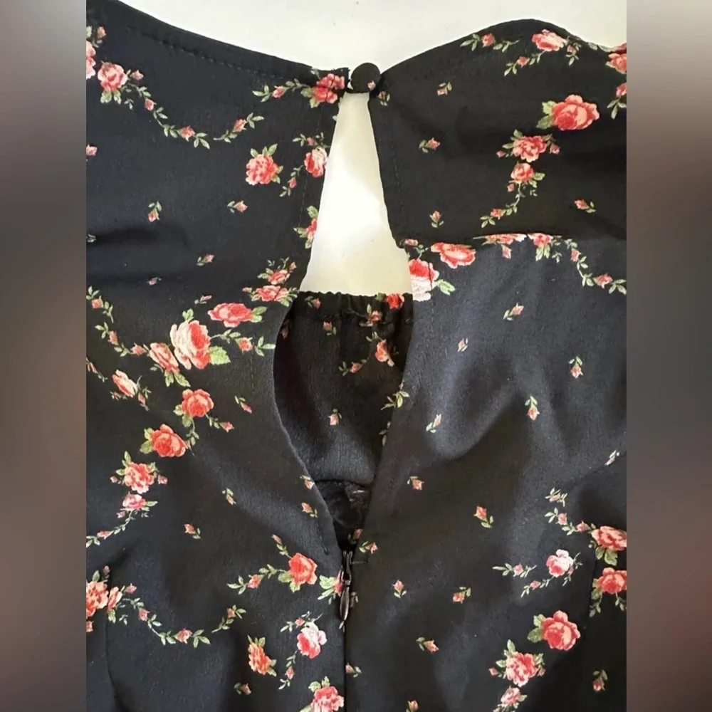 Topshop Black Floral Pink Ruched Long Sleeve Mini Dress size 6 - Picture 9 of 10